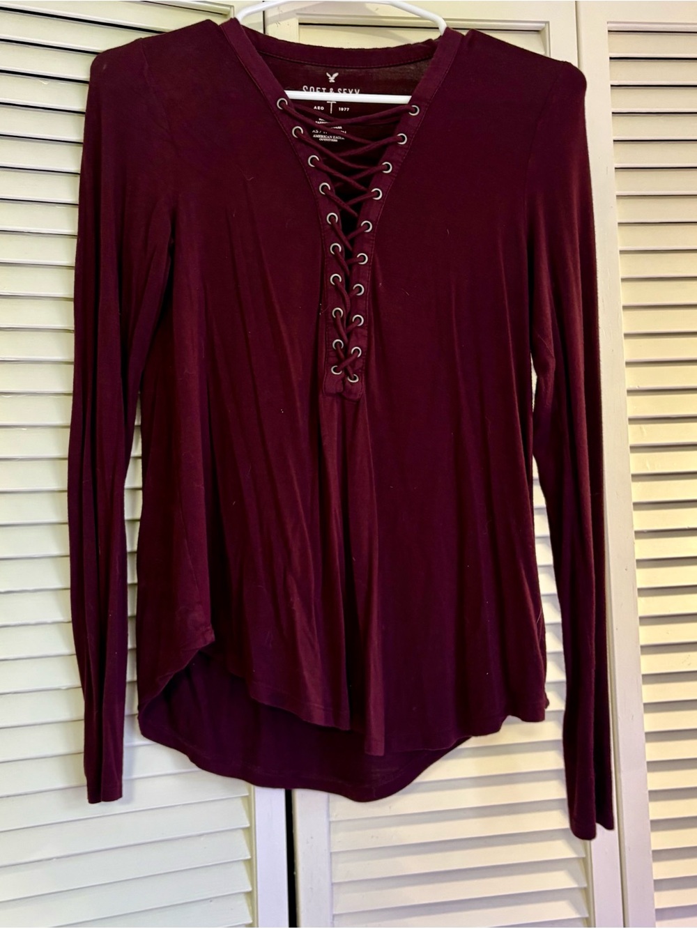 American Eagle Soft & Sexy Burgundy Long Sleeve Top | Deep V Lace-Up Neck